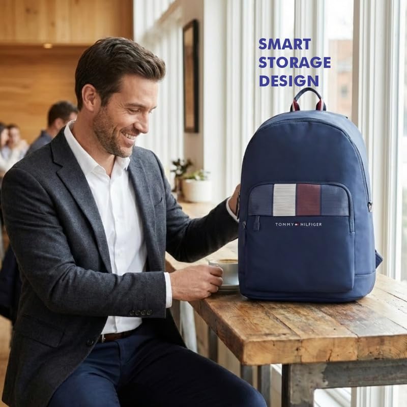 Image of Tommy Hilfiger Unisex Laptop Backpack Amulet | 15 Inch Laptop Compartment | Fashionable Stripe Print | Trolley Sleeve | 21L Capacity | Ideal For Office, Travel, College