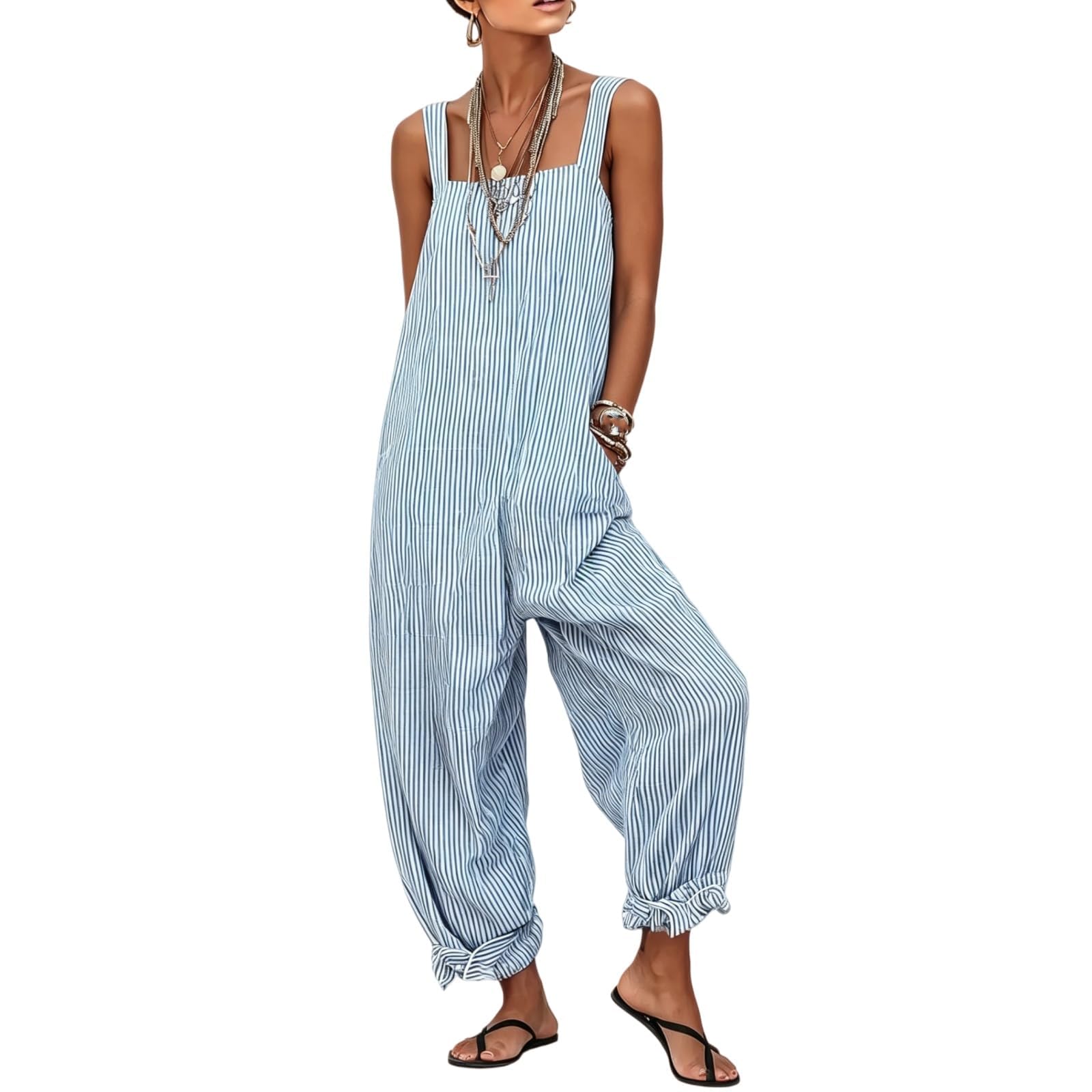 Generico Tuta intera da donna a righe, vestibilità ampia, scollo quadrato, senza maniche, stile minimalista, gamba larga e tasche – Romper estivo casual (Blue,Large)