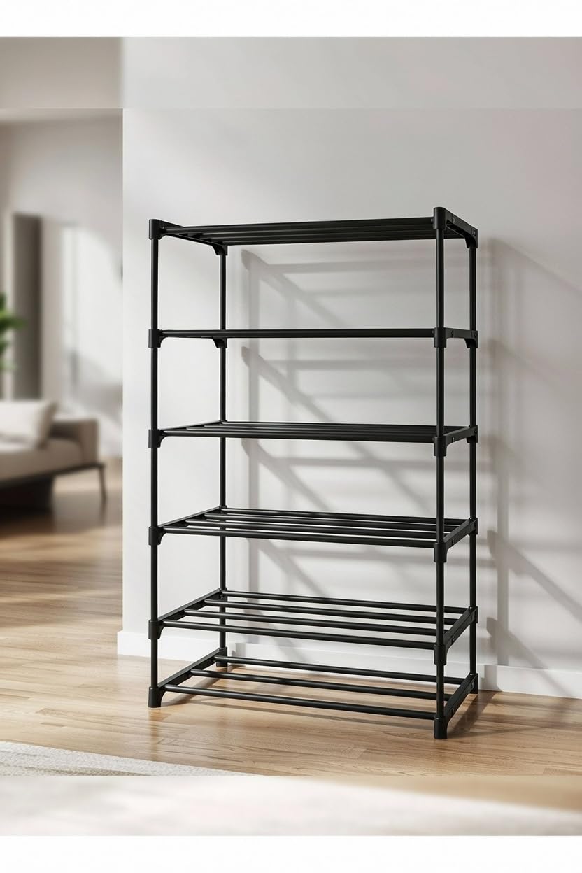 SHREEJIKART 6 Shelf Plastic Shoe Rack for Home, Foldable Tall Shoe Organizer Stand, Space Saving Vertical Storage Unit, Tool Free Setup, Black (100 cm)