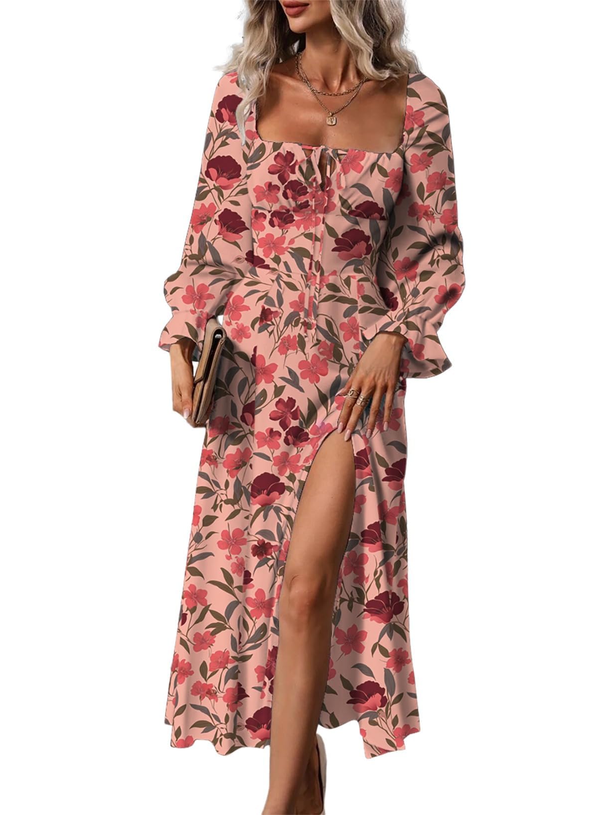 Photo 1 of BLENCOT Womens Floral Square Neck Long Sleeve Dress Side Split Thigh Tie Front Flowy Boho Maxi Dresses Red Flroal Printed XL