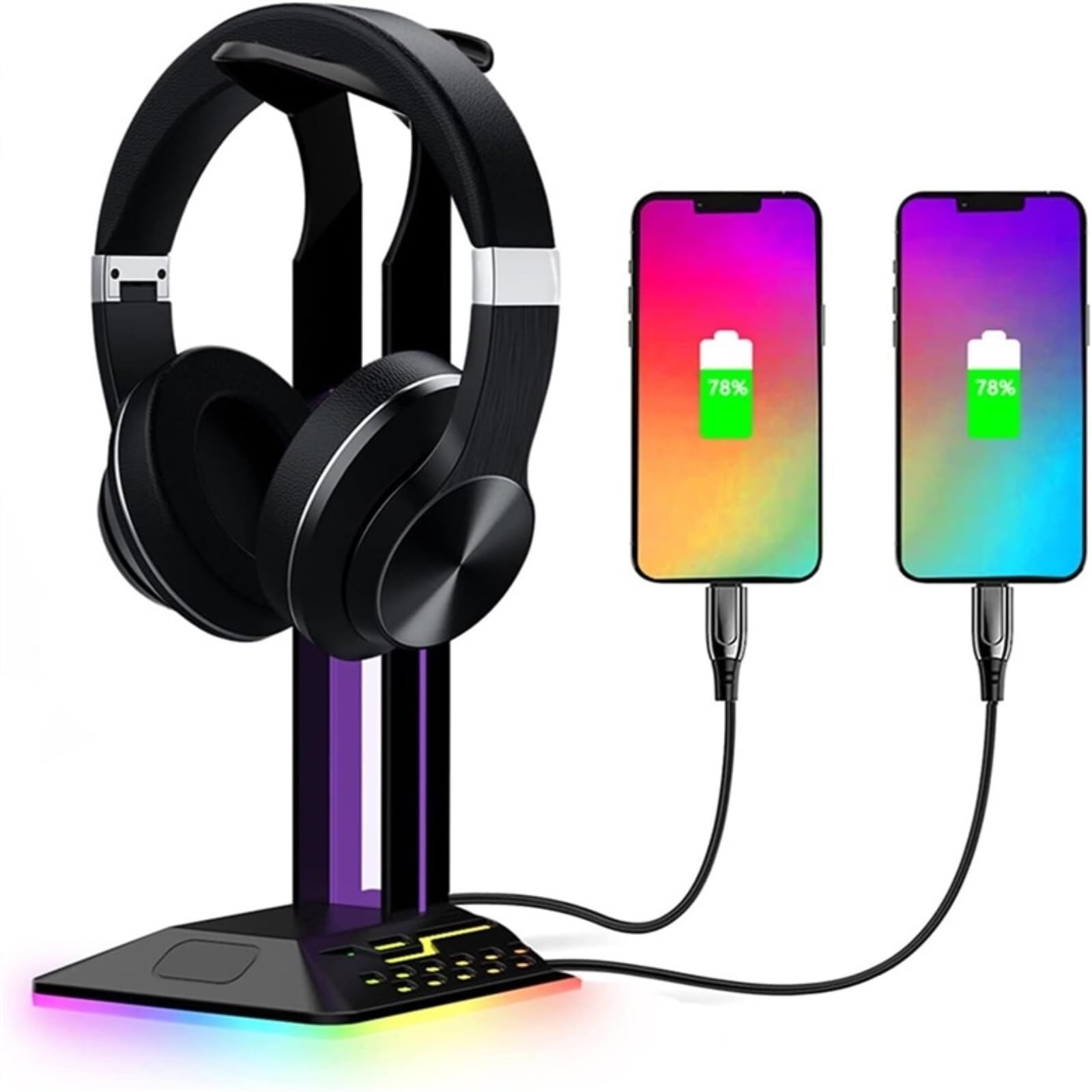 Soporte for Auriculares RGB for Juegos con 2 Puertos de Carga USB y 7 Modos iluminación(C)