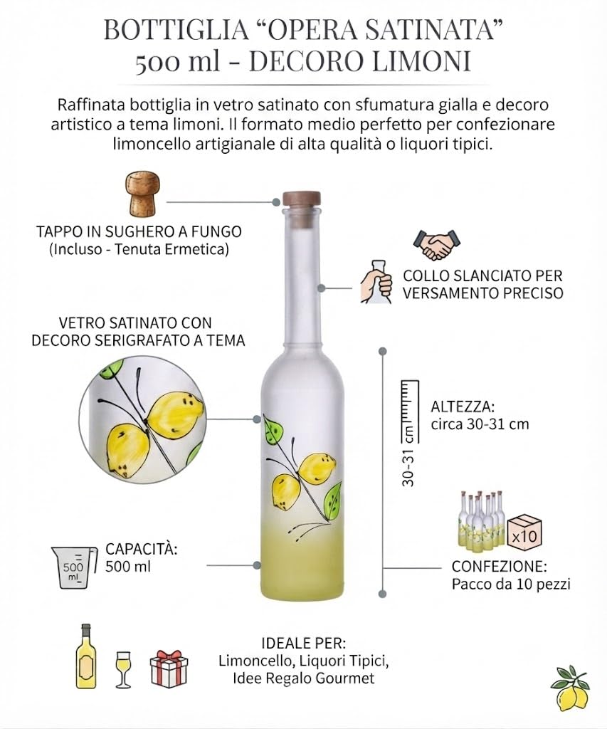 Bottiglia per Liquore Satinata con Decoro Limoni 500 ml | Confezione da 10 pezzi, Altezza 30-31 cm, Finitura opaca satinata, Ideale per Limoncello, Tappo in Sughero
