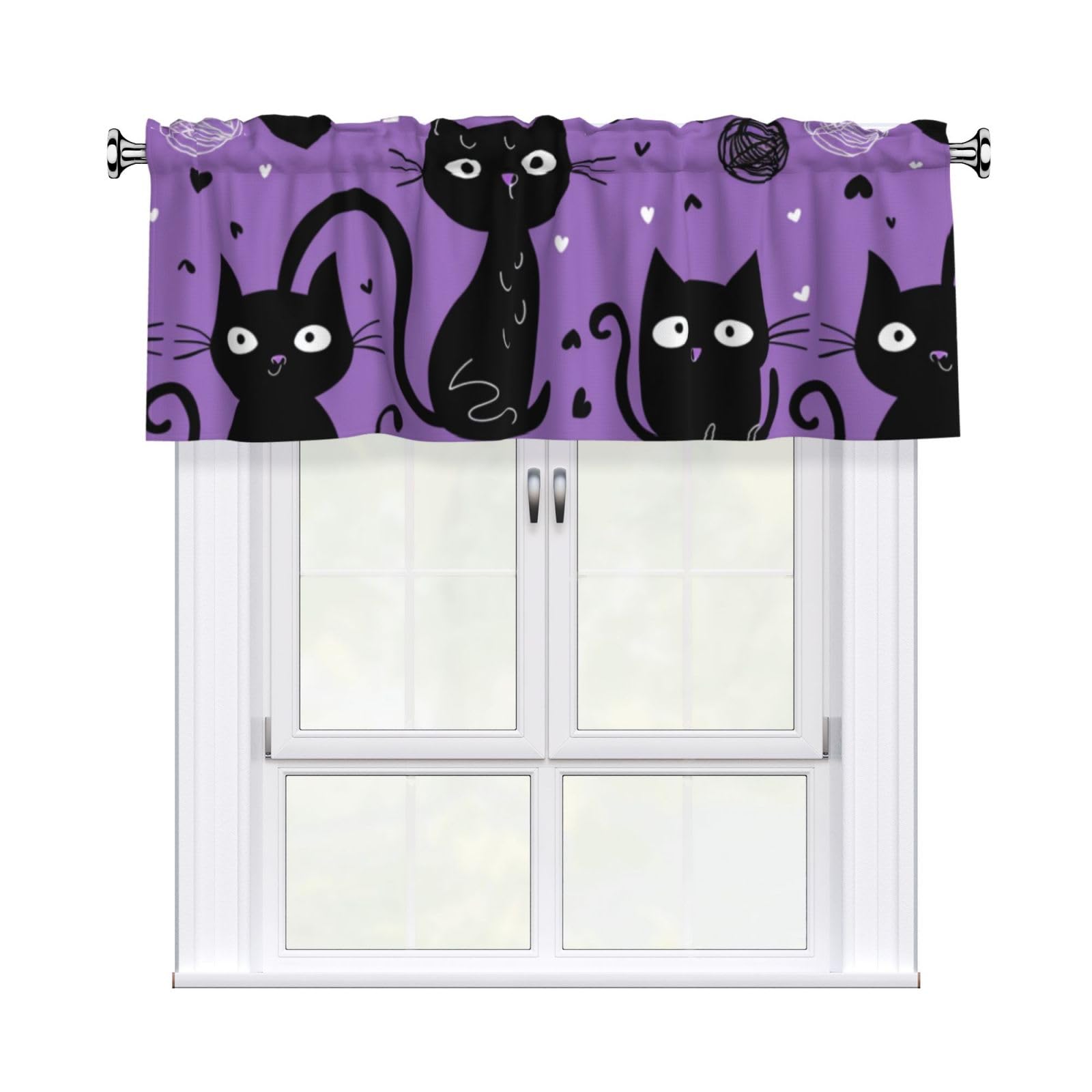 Mexpekil Short Rod Pocket Curtain Valance, Black Cat Purple Window Treatment for Kitchen Bedroom Bathroom, 1 Panel, 54" W x 18" L