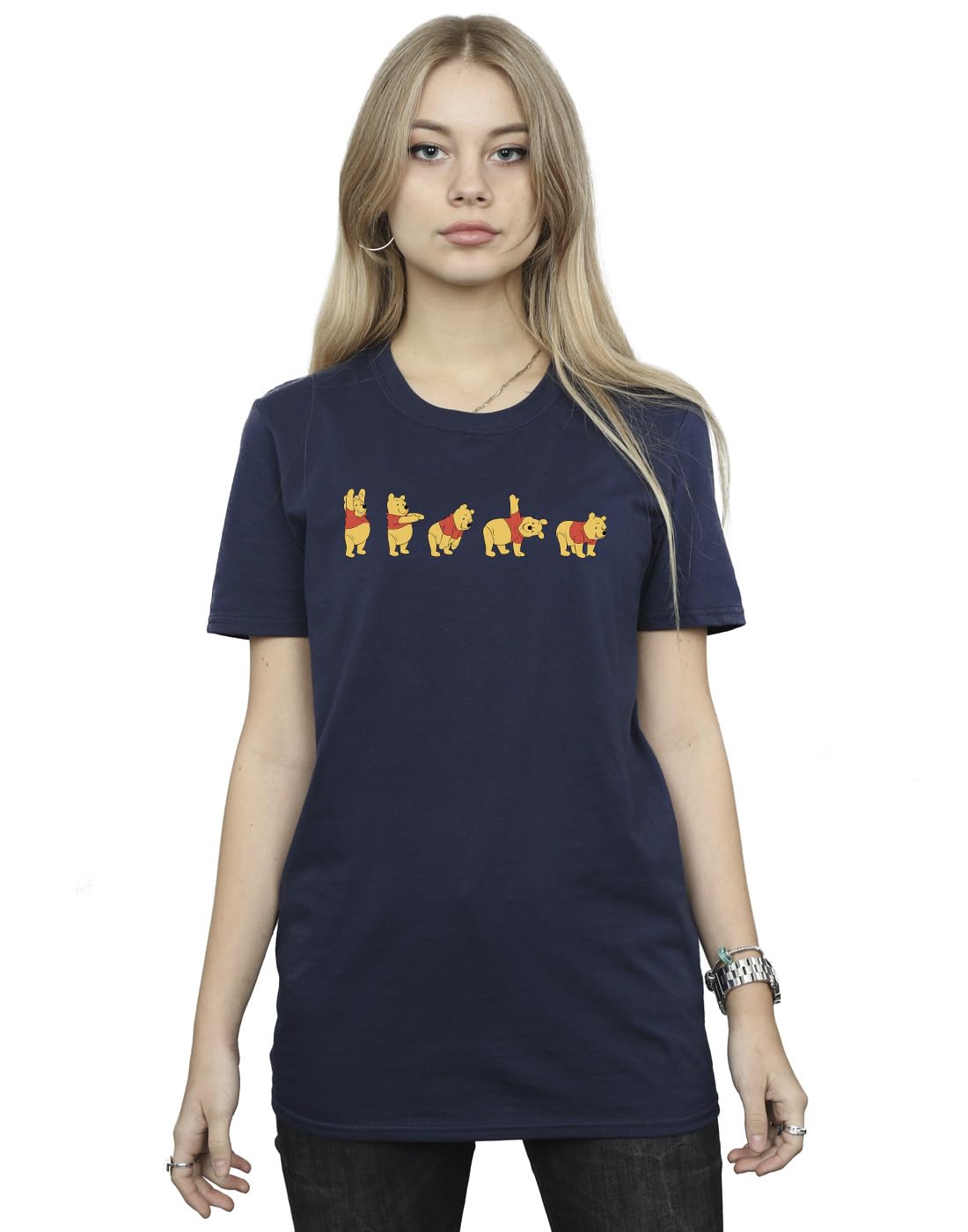 Absolute Cult Disney Women's Winnie The Pooh Stretching Boyfriend Fit T-Shirt Navy Blue Small