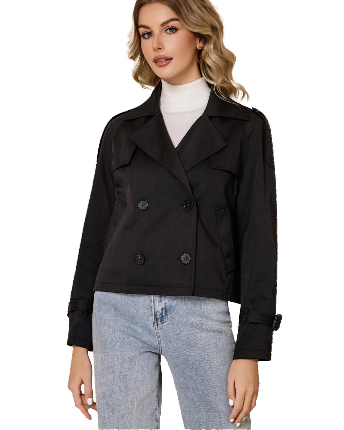 DIASHINY Trench corto da donna, doppiopetto, giacca corta casual alla moda a maniche lunghe