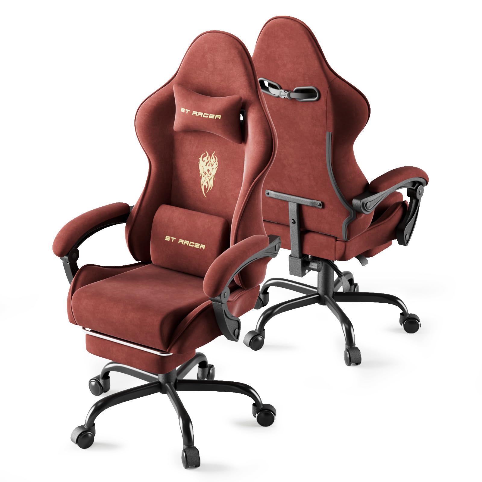 Huracan Silla Gaming con reposapiés, poltrona da gaming transpirable, ergonómica, de terciopelo de microfibra, silla gamer, sillón gamer con reposacabezas ajustable y cojín lumbar, reposabrazos (rojo)