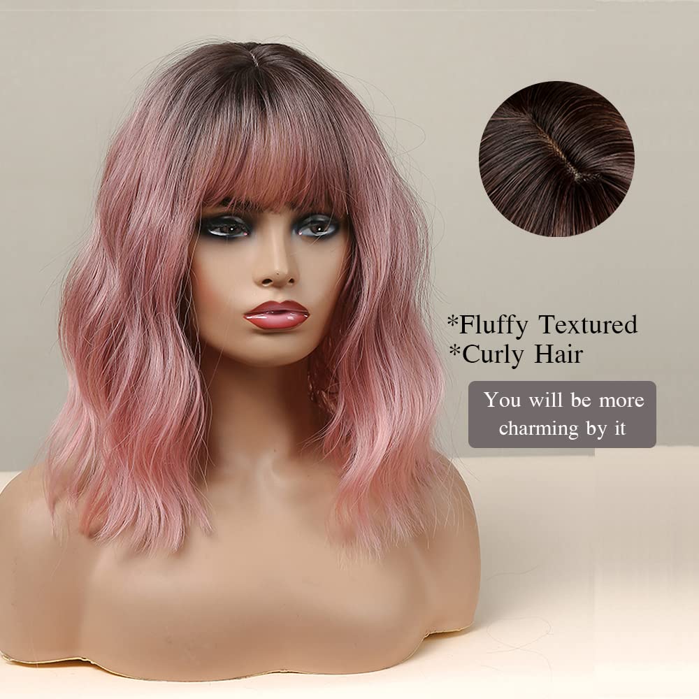 Esmee 14 Pouces Court Ndulée Ombre Rose Bob Perruque avec Franges Naturelle Synthétique Heat Resistant Perruques pour les Femmes avec des Racines Sombres pour la fête Quotidienne Cosplay Portez