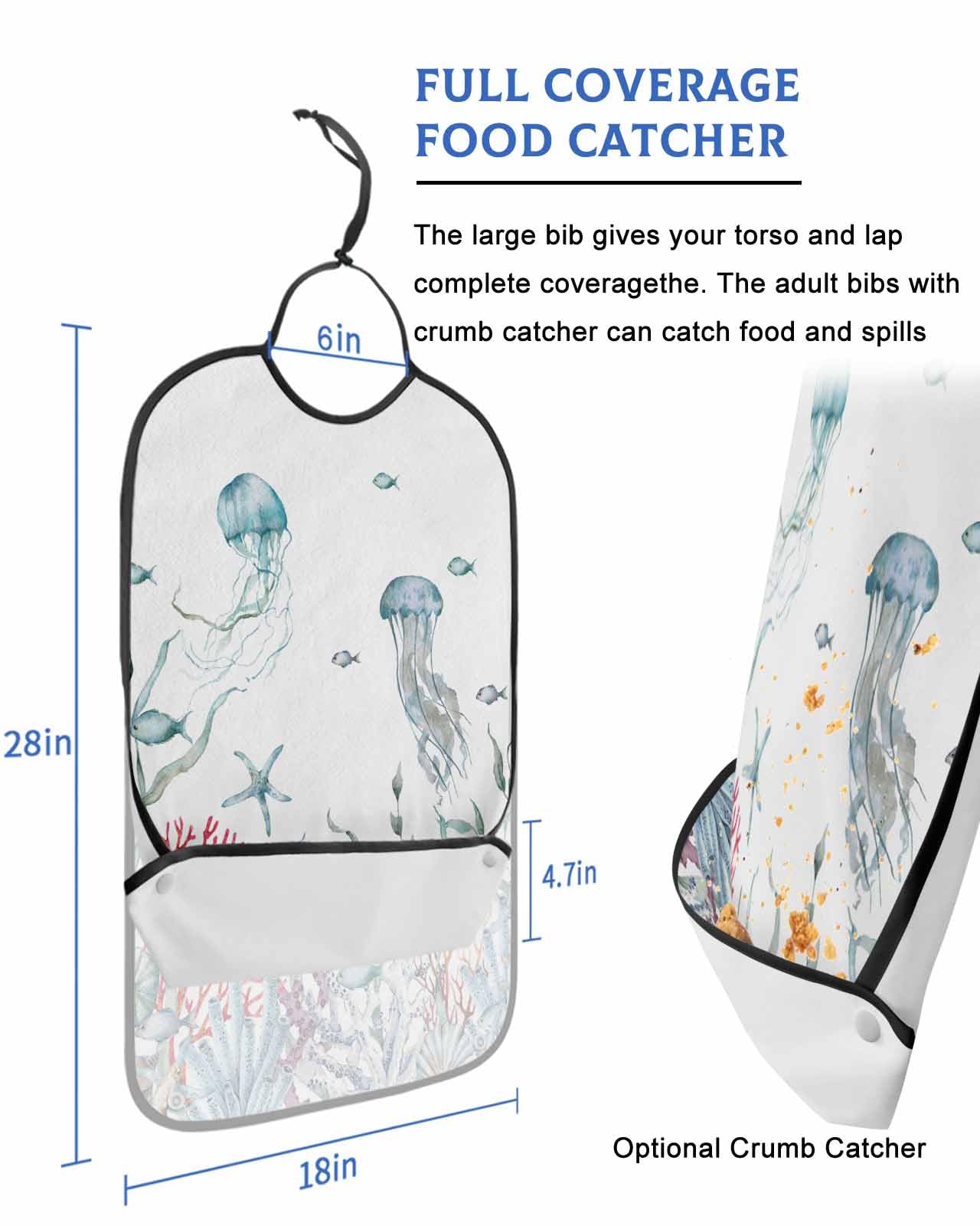 LEOKOTI Coastal Nautical Adult Bibs for Eating, Waterproof Bibs with Food Catcher & Adjustable Snap Closure, Summer Beach Sea Coral Ocean Nautical Washable Clothing Protectors Adult Bibs for Elderly