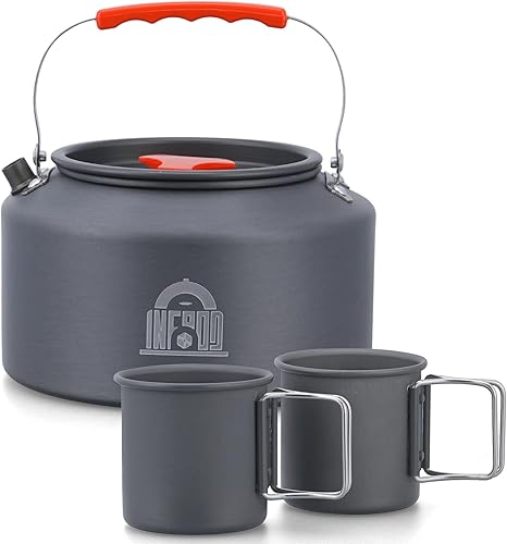 INFOOD Juego de hervidor de camping de 2.5 litros, cafetera de té de campamento con 2 tazas y bolsa de transporte para acampar al aire libre,