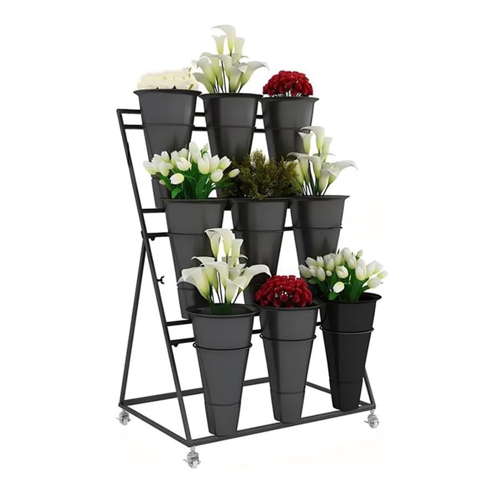 YUANCHUTOP Heavy-Duty Metal Flower Display Stand on Wheels, 9-Bucket Plant Cart for Weddings, Parties & Garden Events – Versatile Floral Bar Stand for Floral Arrangements (Black)