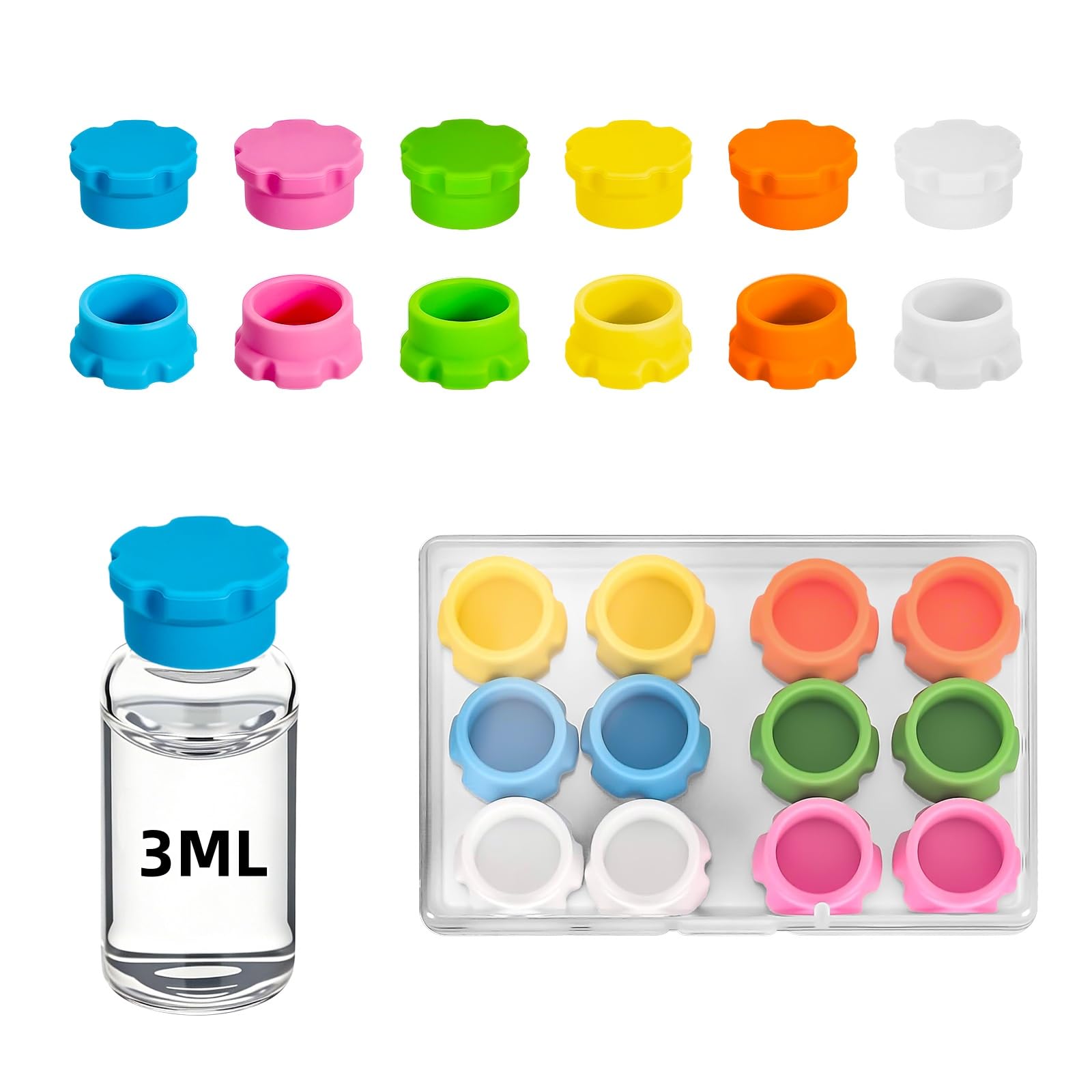 Photo 1 of 12Pcs 3ml Glass Vial Protective Vial Caps, Leak-Proof and Dust-Proof Caps, Reusable Silicone-Vial Cap Covers, Easy to Clean for Injection Flip Off Caps, 6Colors Peptide Vial Caps for Easy Organization