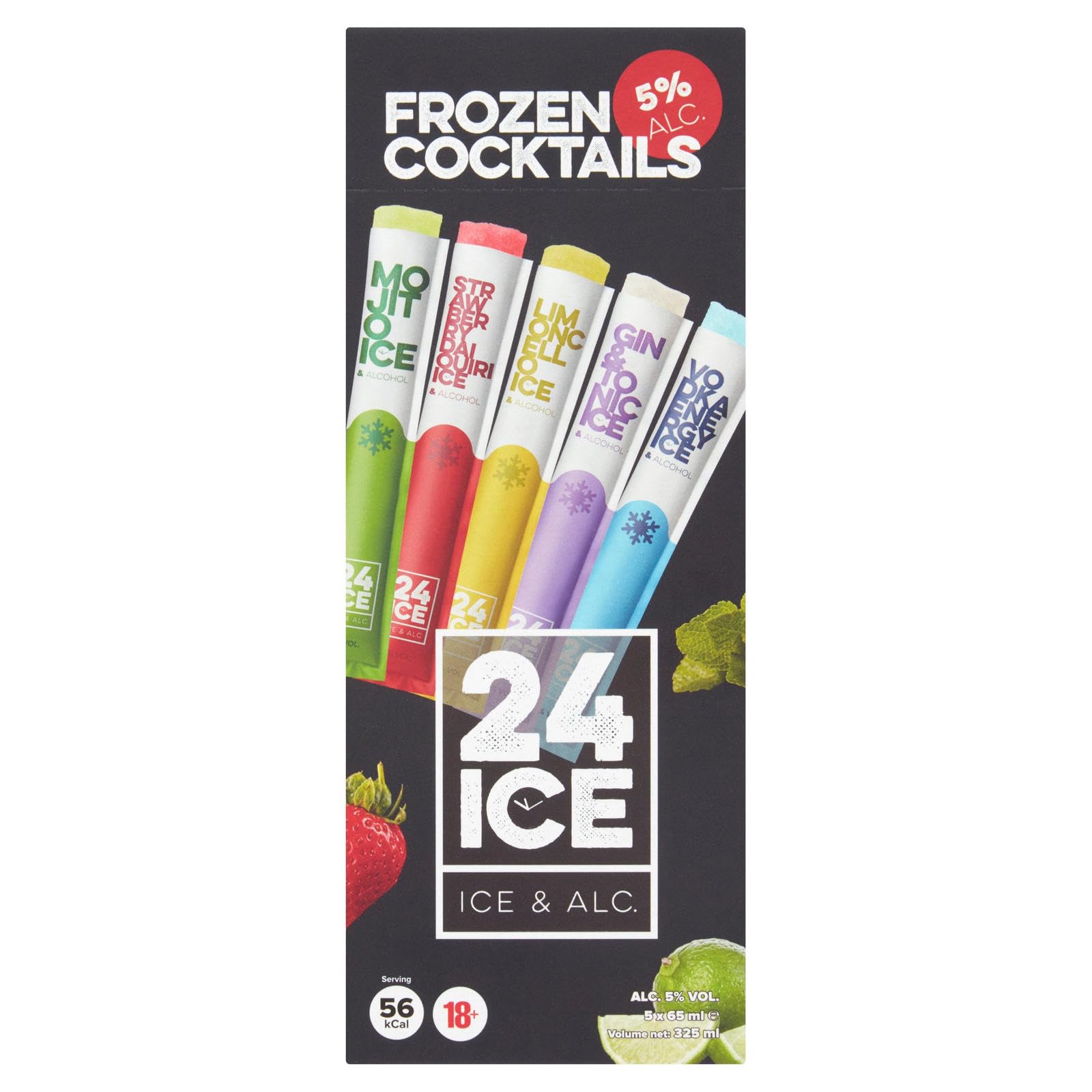 Frozen Cocktails -24 Ice- Mix MOJITO, VODKA, LIMONCELLO, GIN TONIC, STRAWBERRY DAIQUIRI 5% 5 Confezioni da 65ml
