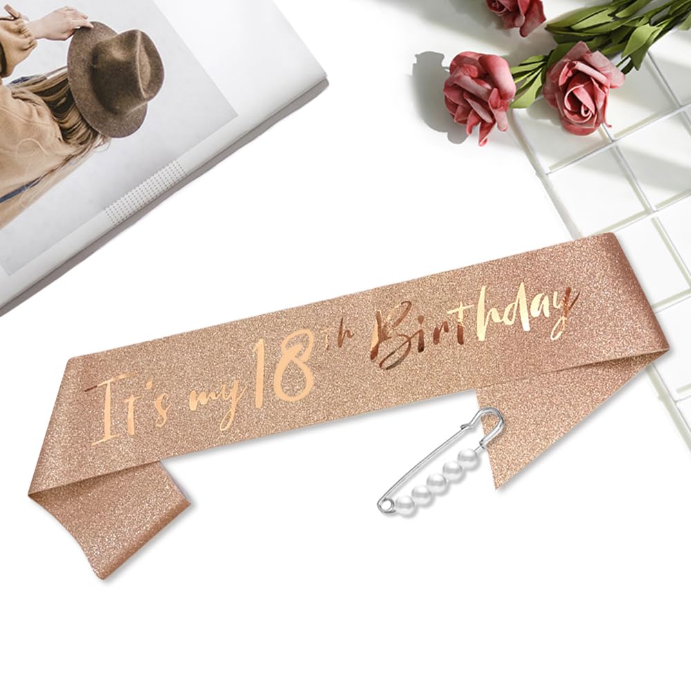FENQURO Set 18 Ans Fille - Écharpe Et Diadème Or Rose, Couronne Et Broche Anniversaire