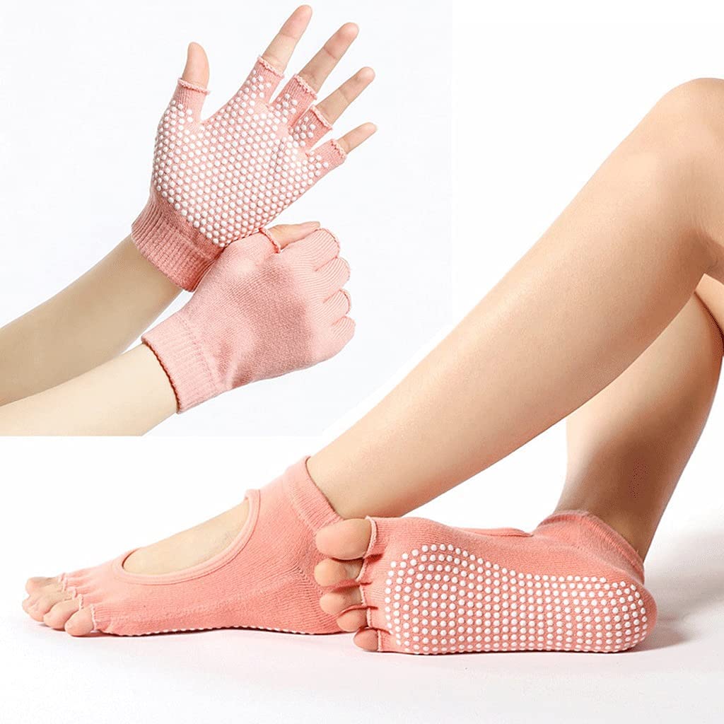 Frauen Yoga Handschuhe Socken Set Aerial Yoga Zubehör Fünf- Fingerhandschuhe Fünf-Fuß-Socken Pilates Nicht-Schlupf-Radfahren Socken (Farbe: Orange) (Color : Orange1, Size : -)