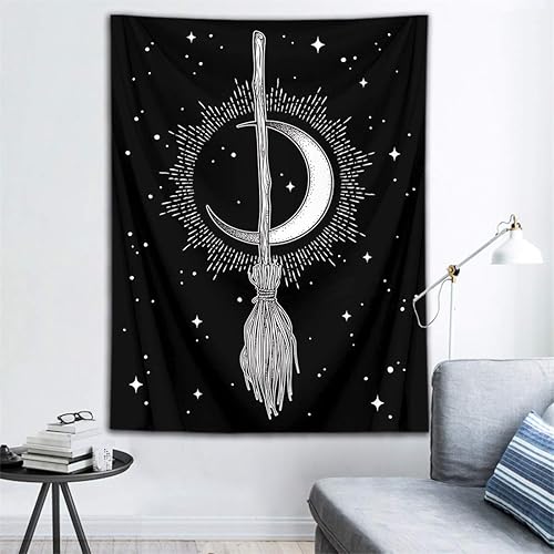 Miniatura 2 de HVEST Tapiz de luna con escoba de bruja para colgar en la pared, tapiz blanco y negro, decoración de pared, diseño de estrella Trippy Space Hippie,