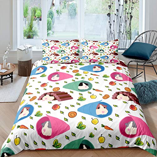 Guinea Pig Bedding Set Cartoon Guinea Pig Printed Duvet Cover Set for Kids Boys Girls Cute Animal Comforter Cover Leaves Vegetable Quilt Cover Bedroom Collection 3Pcs King Size
