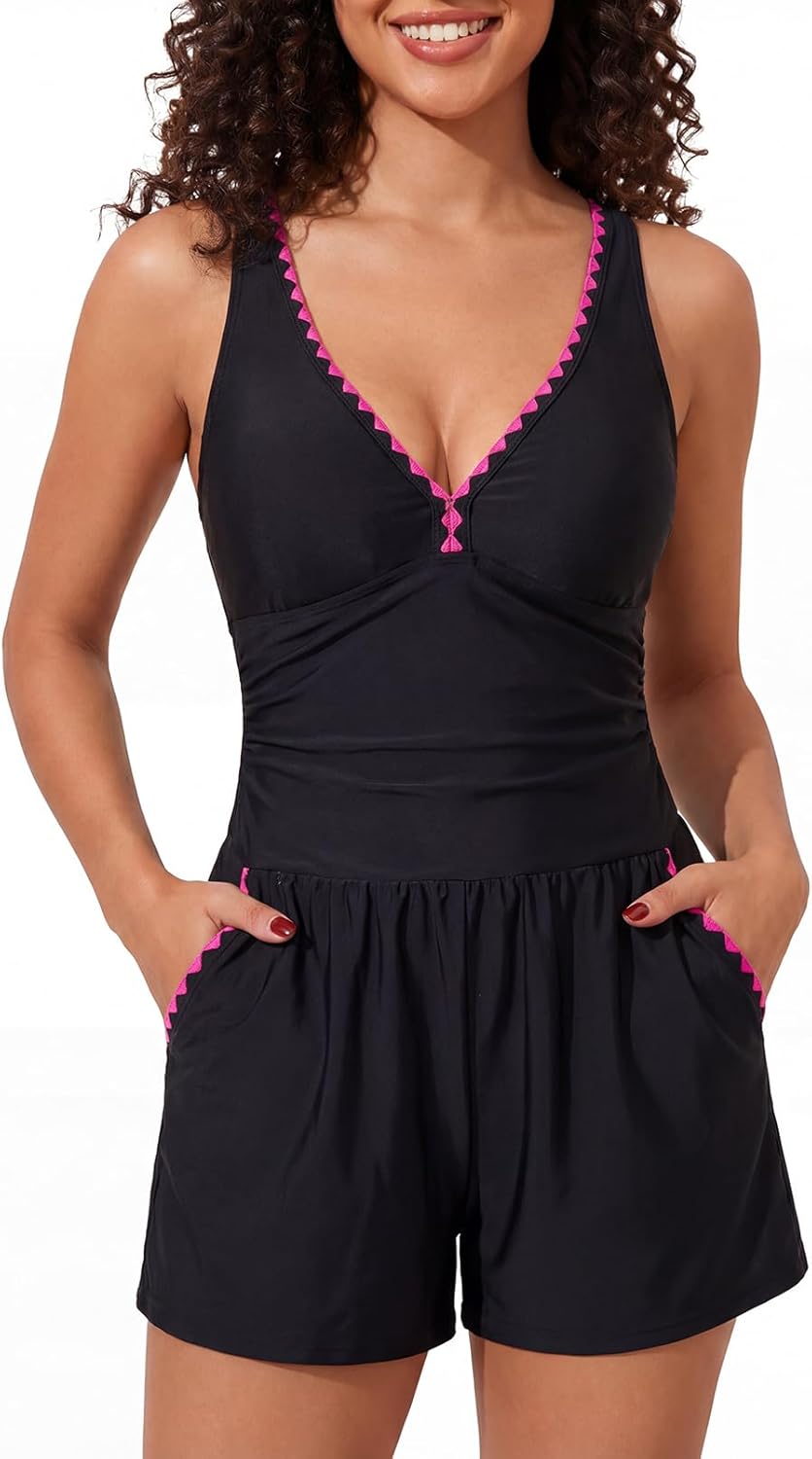 Smismivo Swim Rompers for Women One Piece Tummy Control Swimsuits Modest Full Coverage Bathing Suits with Shorts and Pockets