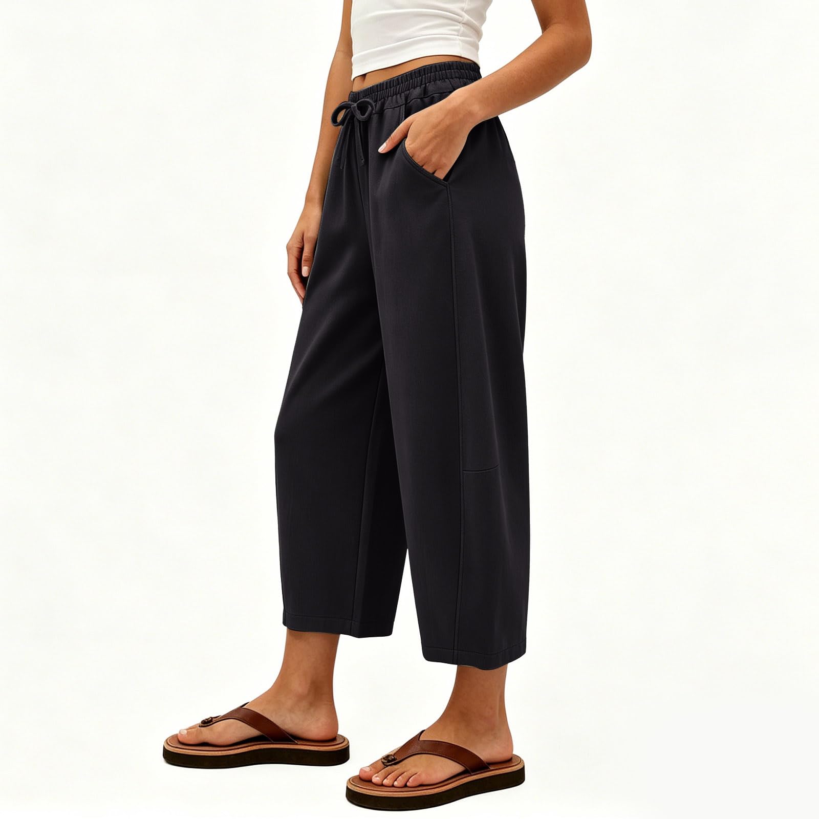 Pantaloni da Donna In Lino Vita Alta Leggeri 2026 Estivi Casual A 3/4 In Mussola Traspiranti A Gamba Larga da Spiaggia Eleganti Lino Pantalonis per Libero con Tasche Pantaloni Gamba Larga S-3XL