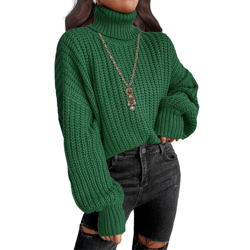 Womens Turtleneck Sweater Winter Warm Fashion Cropped Ribbed Knit Lantern Sleeve Fall Pullover Workout Chunky Sweaters