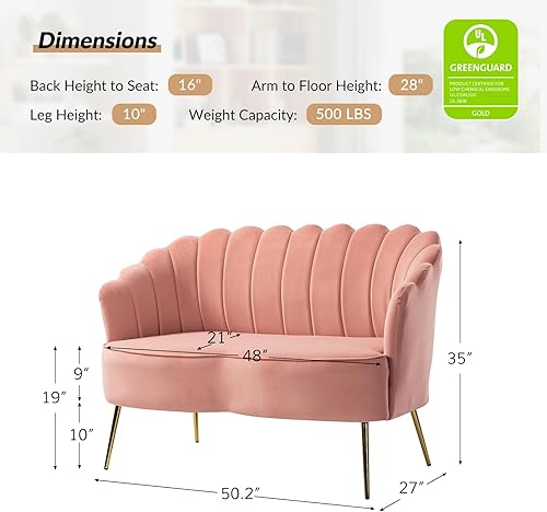 Miniatura 291 de HULALA HOME Moderno sofá biplaza de terciopelo con respaldo en forma de flor, cómodo sofá tapizado de 2 plazas con patas de metal dorado, sofá