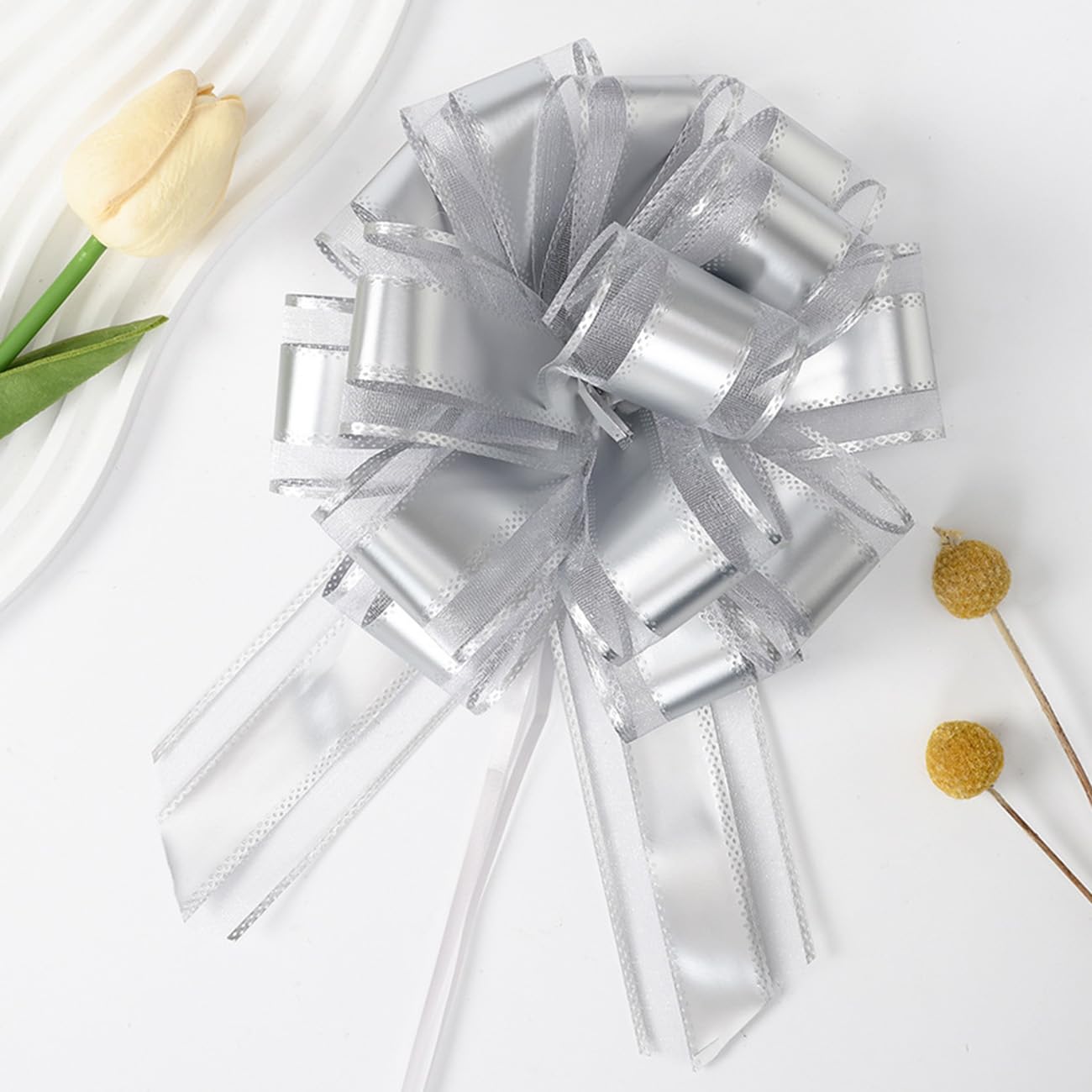 GAKA FAVOR 10Pcs Silver Pull Bows(6 Inch),Large Organza Pull Bows for Gift Wrapping,Wedding Cars,Flower Baskets and Party Decorations