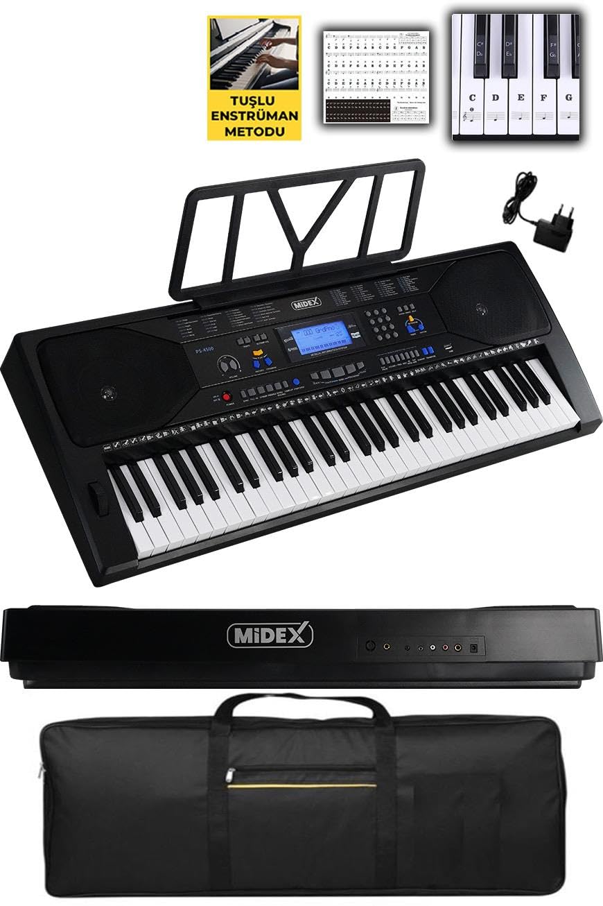 Midex PS-4500 Tuş Hassasiyetli 61 Tuşlu Org Dijital LCD Ekran USB MP3 Çanta Notalık Adaptör Dahil (300 Ses 300 Ritim)