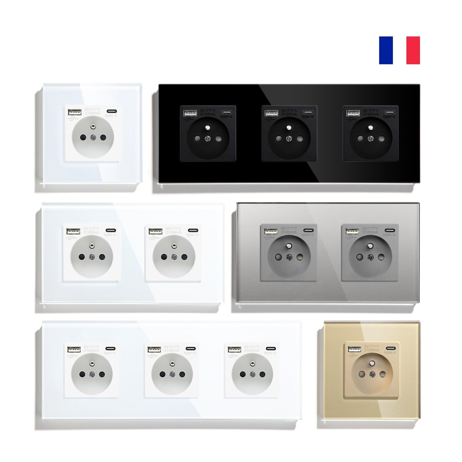 Prises de courant murales simples, Standard français, Double prise de Port USB type-c, panneau en verre cristal, Protection des enfants 16A(Double Socket Gray)
