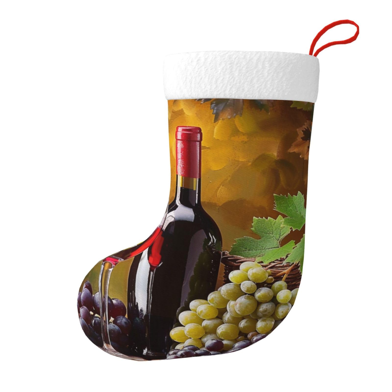 Grapes Wine Bottles and Drink Print Christmas Stocking, 28x45cm Holiday Hanging Stockings for Fireplace, Tree Decorations, Gift Giving, and Party Festive Decor