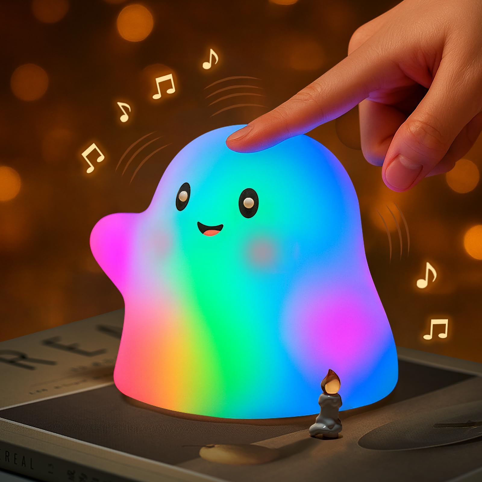 RGB-Geister-Nachtlicht – Farbwechsel-Tap-Steuerung, lustiges Spielzeug für Kinder, weiche Squishy-Silikonlampe mit Geräuschen, dimmbare wiederaufladbare Nachttisch- und Tischlampe, lustiges