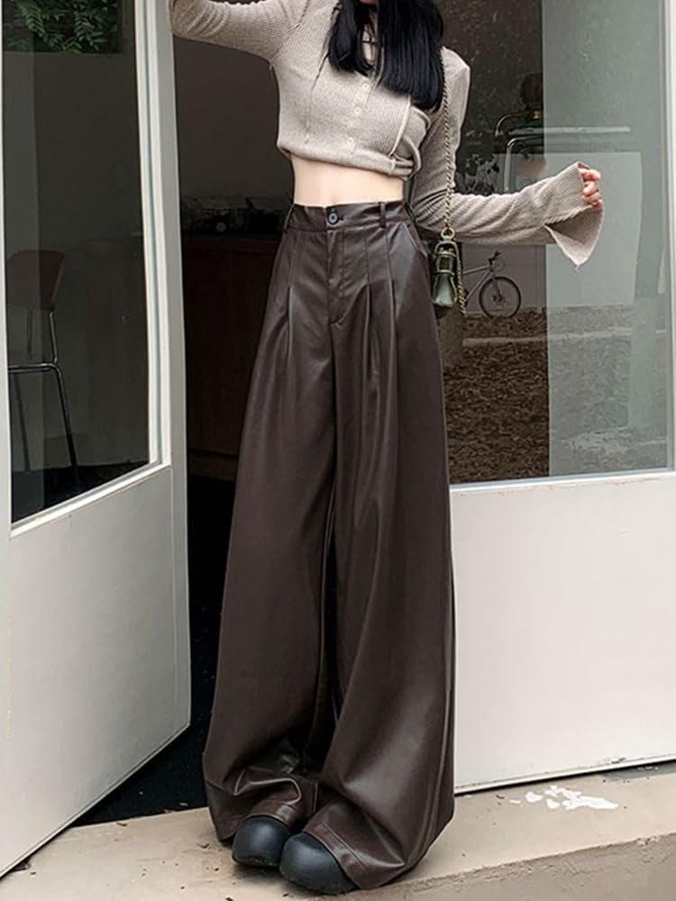 Finta Pelle Pantaloni per Donna Plissettati Vita Alta Primavera Abito Gamba Larga Pantaloni