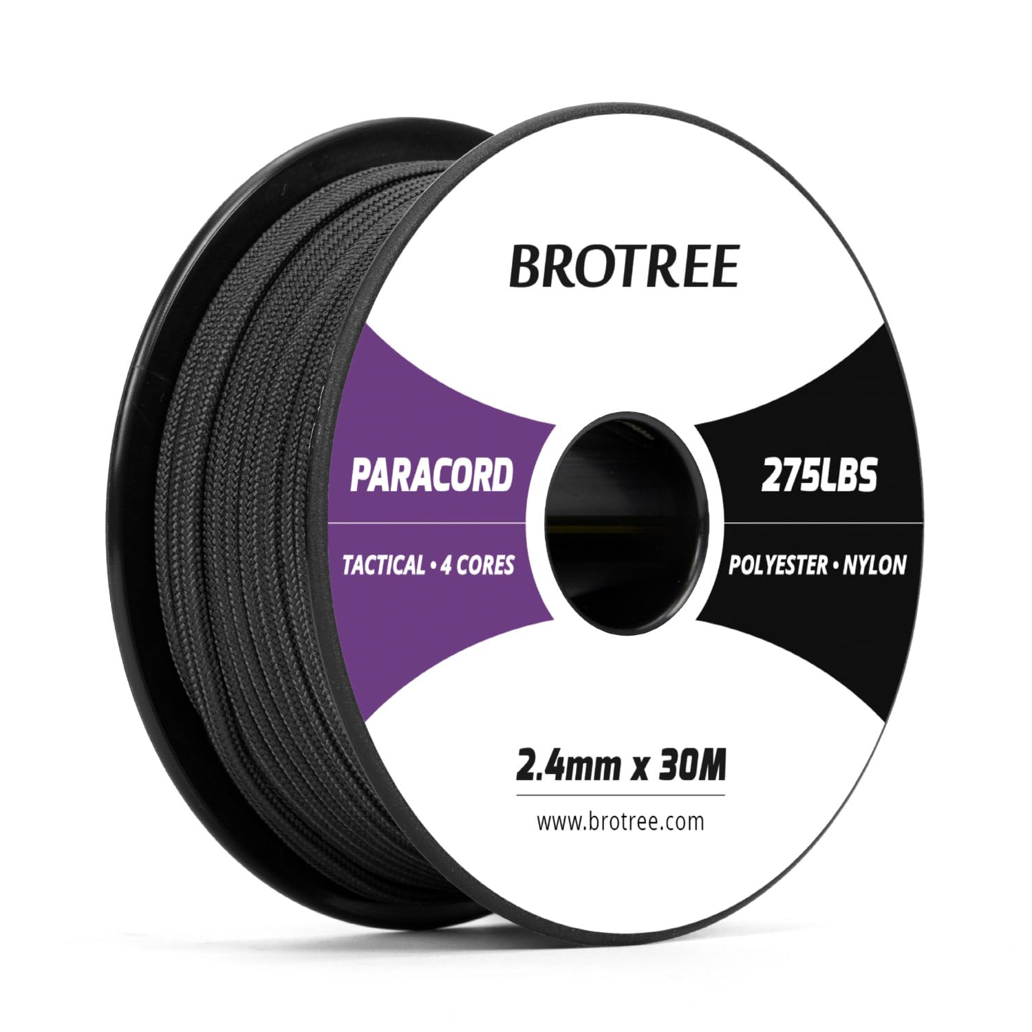 BROTREE Paracord 275 2,4mm 30M Nylon Seil mit 4 Kern Schnur für Armband, Outdoor und DIY - 125kg Bruchlast (Schwarz)