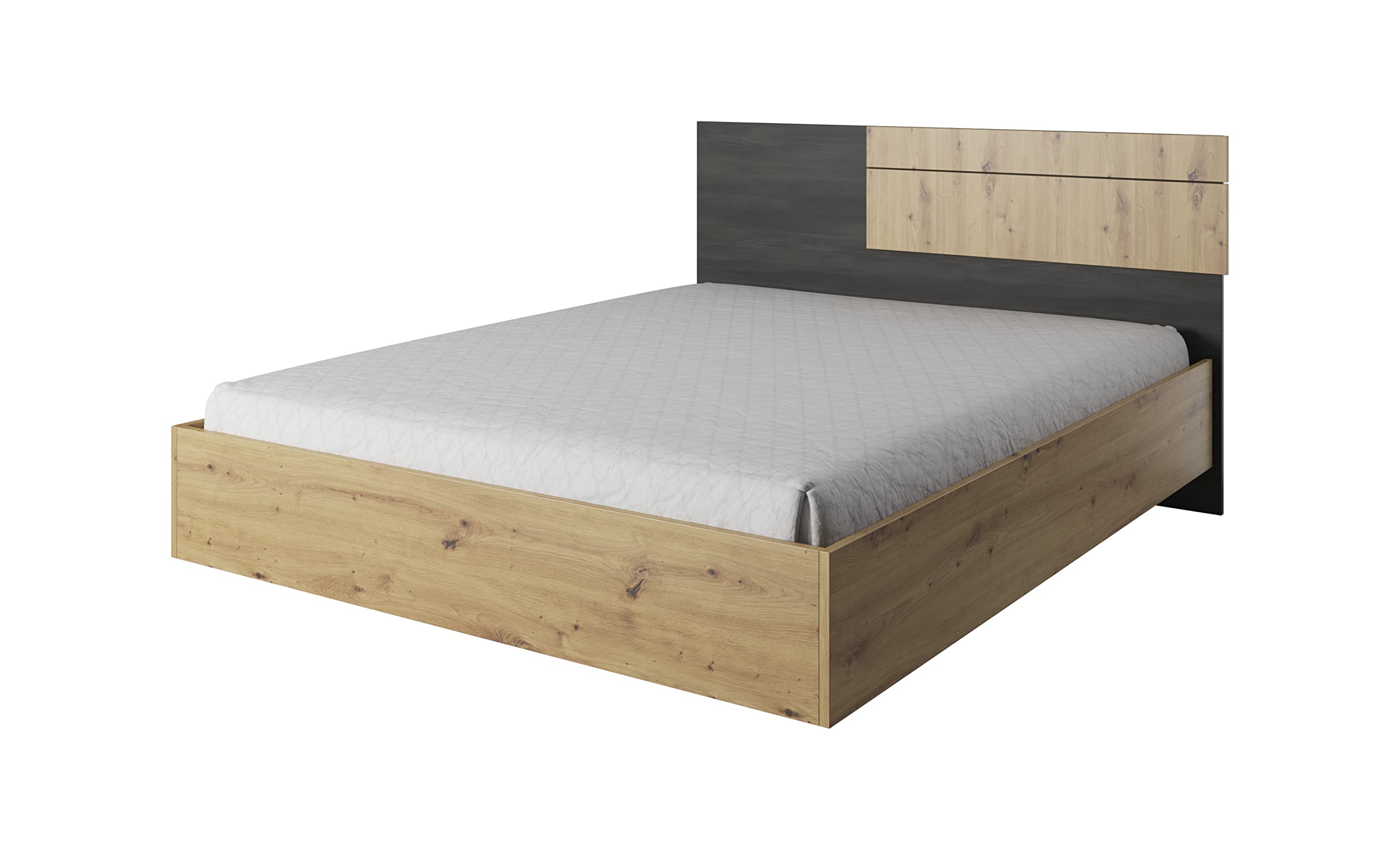 Fabryka Mebli Idźczak Schlafzimmer-Set Bafra Bettgestell - Doppelbett Ehebett mit Superb-Matratze - Kleiderschrank mit Spiegel, Nachttisch, Kommode - Artisan Eiche/Schwarze Norwegische Kiefer