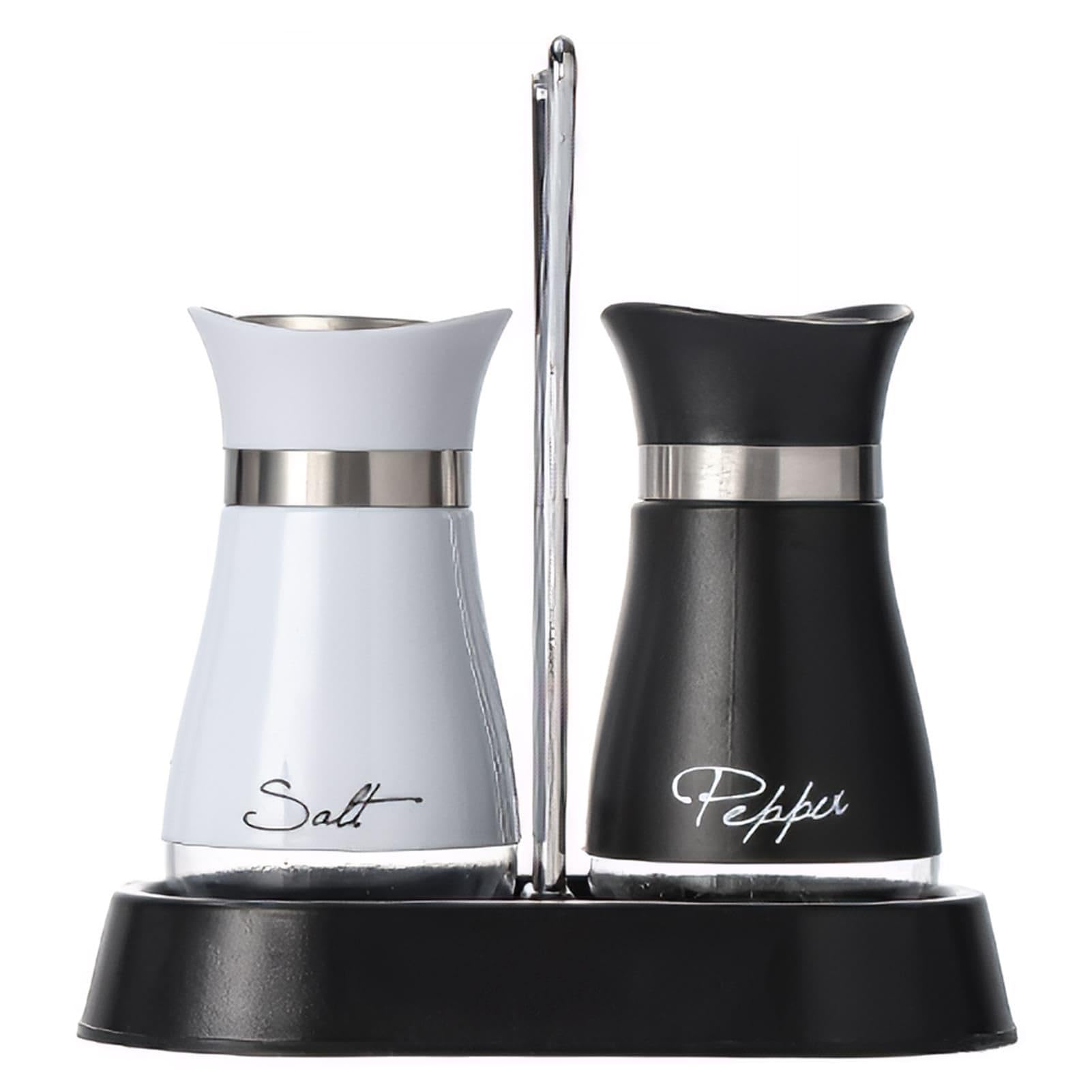 Salt and Pepper Shakers Set with Holder, Vintage Cruet Sets Stainless Steel Salt and Pepper with Glass Bottom, Refillable Salts Shaker for Home Restaurant Wedding BBQ Camp