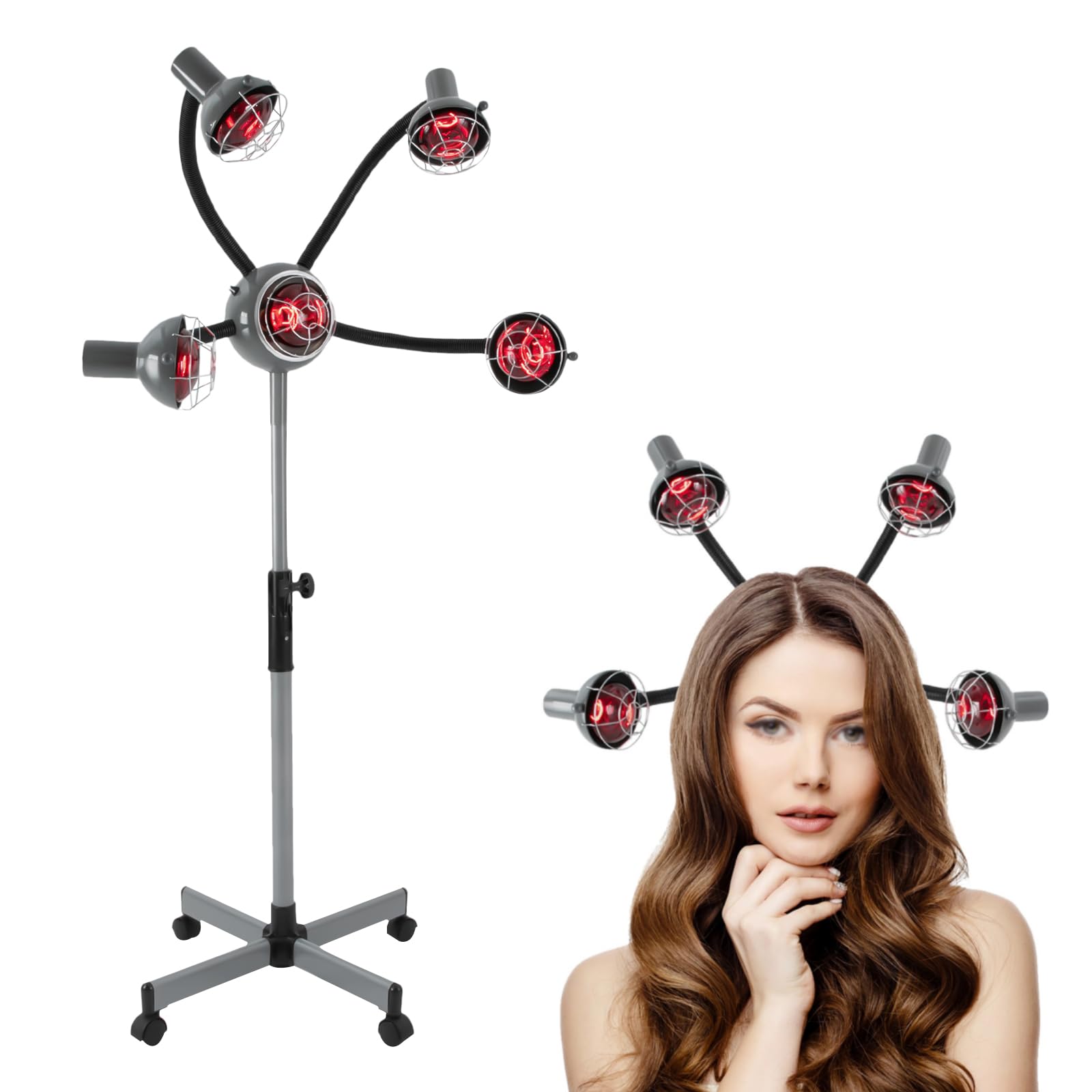Friseur Trockenhaube, 5 Kopf Infrarot Friseur Salon Wärmelampe mit Standfuß, 750W Heizung Trockenhaube, Haartrockner 40-80°C, 112-136cm Höhenverstellbar (Silber-grau)