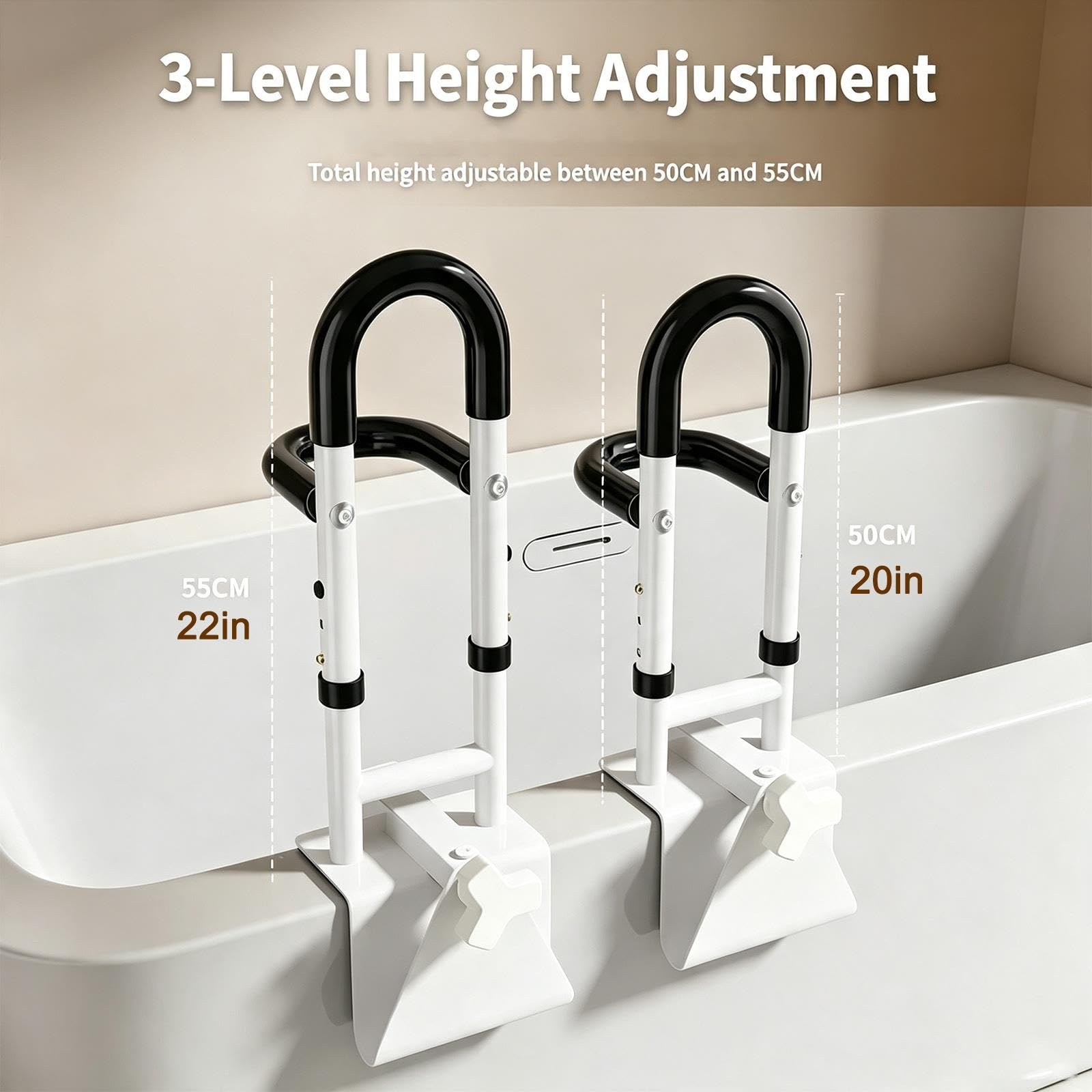Corrimano Regolabile Vasca da Bagno, Doppia Impugnatura | Corrimano Doccia 38‑43,5 cm, Fissaggio Morsetto Senza Fori, 136 Kg, Maniglie Rimovibili per Anziani & Disabili