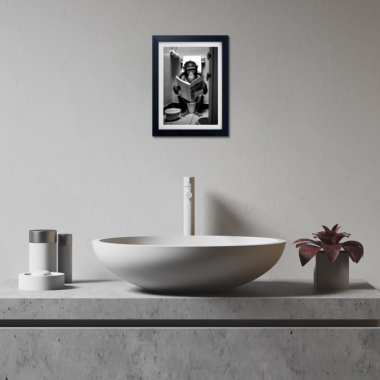 Funny Bathroom Wall Art Black And White Bathroom Decor Monkey On Toilet Reading Newspaper Print Picture Framed Animal Painting