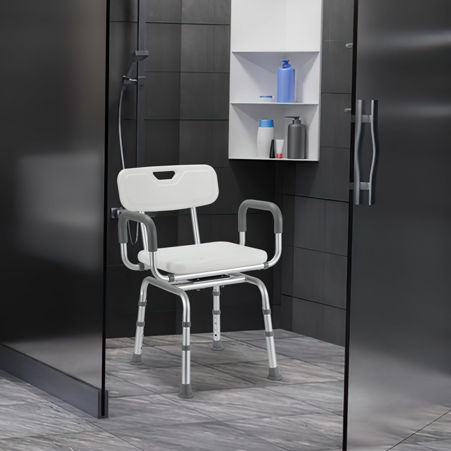 Krzesło prysznicowe, obracane o 360°, podłokietnik 150 kg | Obrotowe krzesło prysznicowe z oparciem i podłokietnikami, 4 wysokości (40-48 cm), aluminium, antypoślizgowe.