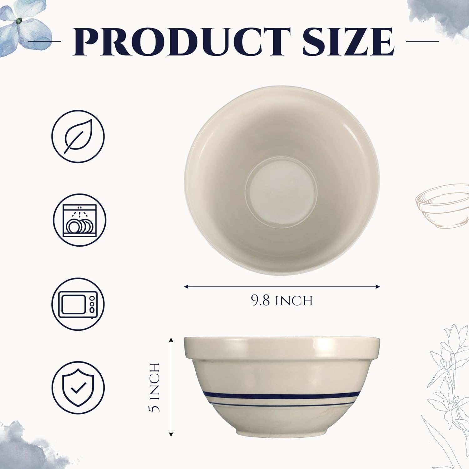 FillTouch 10'' Vintage Stoneware Mixing Bowl Hand-turned Blue Stripe Ceramic Large Serving Bowl for Kitchen Baking, Cooking, Serving, Prepping, Dough Kneading, Microwave and Dishwasher Safe