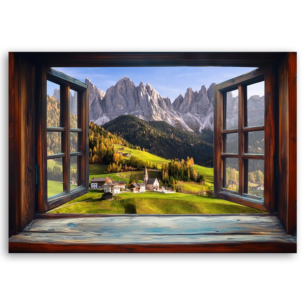 Feeby Leinwand Bilder - Bild Wohnzimmer - Fensterblick Berge Landschaft - 120x80 1tlg - Deko Schlafzimmer Groß - Dekoration Canvas - Gemälde - Modern Wandbilder - Kunstdruck