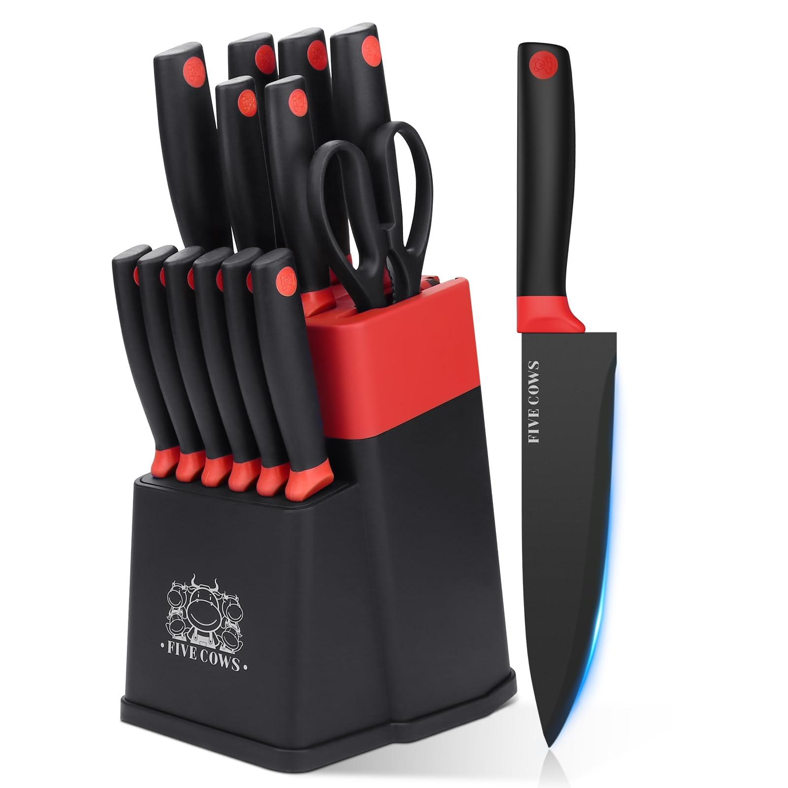FIVE COWS Messerblock Set, mit 14-teilige, Küchenmesser Set, mit Selbstschärfender Messerblock, mit steakmesser und Schere, Schwarze Beschichtung verhindert Oxidation, professionelles Set für Zuhause