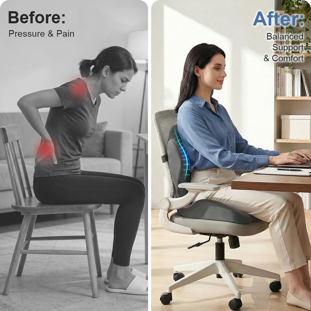 HoldOneLight Cuscino seduta ergonomico in memory foam per ufficio, auto e gaming, allevia dolori sciatica, coccige e sacro, supporto per colonna lombare e parte inferiore della schiena
