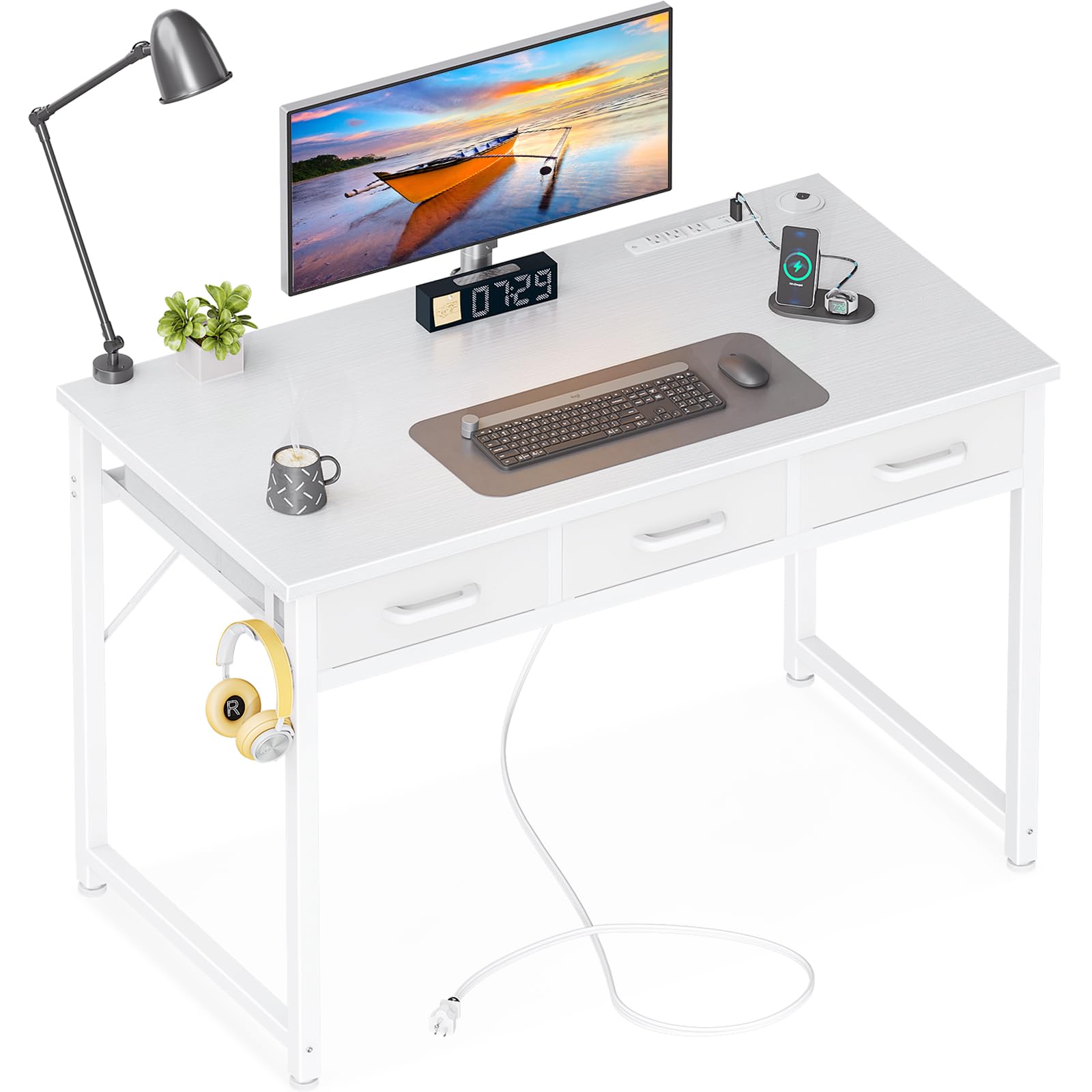 AODK 40 Inch Small Computer Desk with 3 Fabric Drawers, Office Desk with USB/Type-C Charging Ports & Power Outlets, Vanity Desk with Iron Hook for Bedroom, Study/Writing/Work Table for Bedroom, White