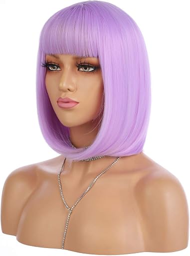 eNilecor Short Bob Hair Wigs 12" Straight with Flat Bangs Synthetic Colorful Cosplay Daily Party Lilac Neon Wig for Women Natural As Real Hair+ Free Wig Cap (Lavender Purple)