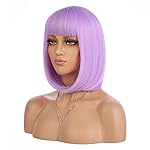 eNilecor Short Bob Hair Wigs 12 Straight with Flat Bangs Synthetic Colorful Cosplay Daily Party Lilac Neon Wig for Women Natural As Real Hair+ Free Wig Cap (Lavender Purple)
