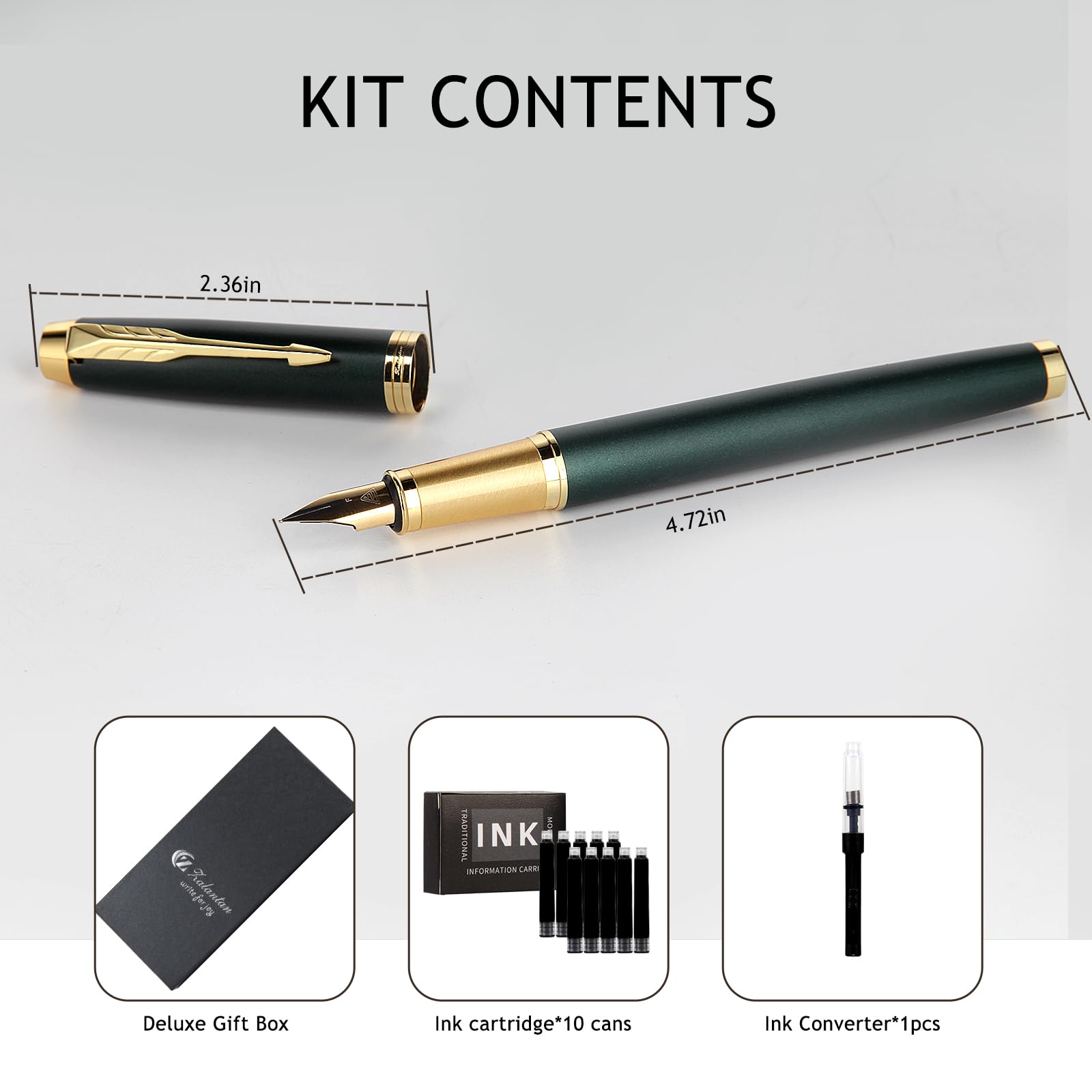 Zalantan Luxury Fountain Pen - Fine Point Smooth Writing Pen with Gift Case, 10 Black Ink Cartridges and Ink Converter (Matte Green) - Image 2