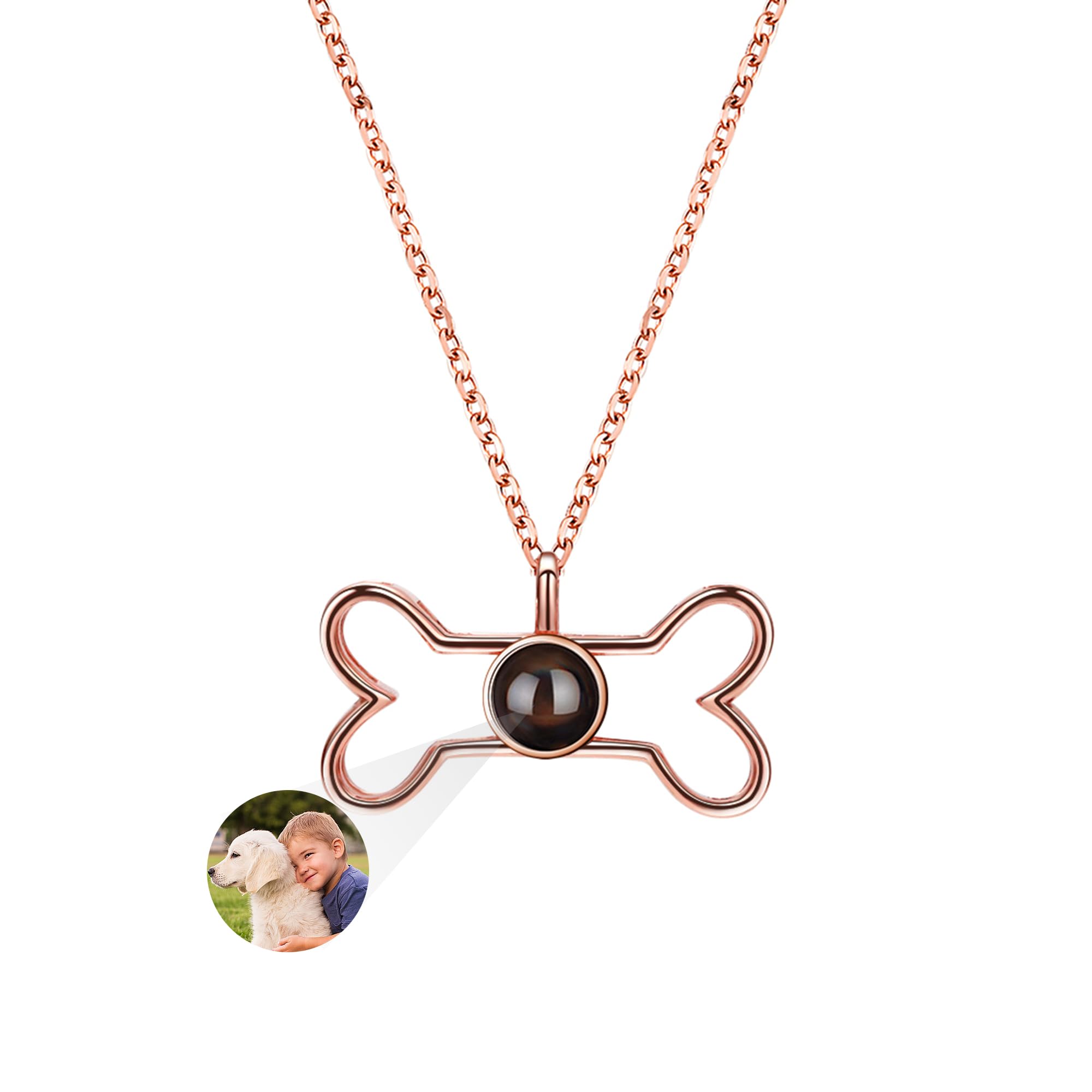 GROBTE Custom Dog Bone Memorial Necklace, 925 Sterling Silver Custom Photo Necklace Pet Memorial Photo Projection Necklace, Personalized Gift for Dog Lovers