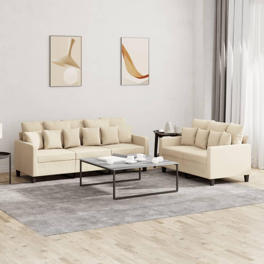 2-częściowy komplet sofy 2-osobowej z kremowego materiału, 138 x 77 x 80 cm, 3-osobowa 198 x 77 x 80 cm, z 18 poduszkami, wytrzymała rama, oddychająca, wytrzymała, przytulna, do salonu