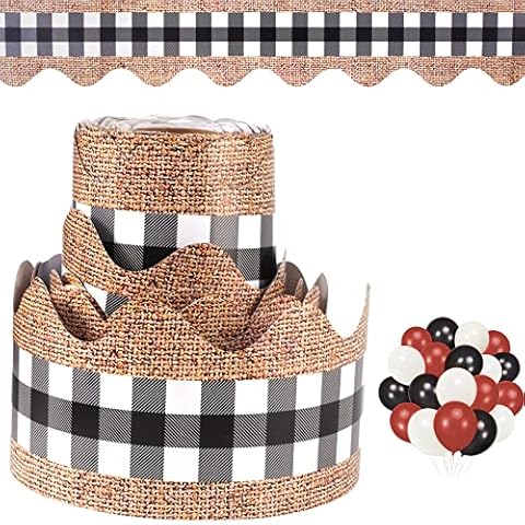 65.6 Feet Bulletin Board Borders, Christmas Buffalo Plaid & Burlap Classroom Borders for Bulletin Board, Border Trim for Christmas and Fall Classroom Decorations with 24 Pieces Balloons (Black White) Cover