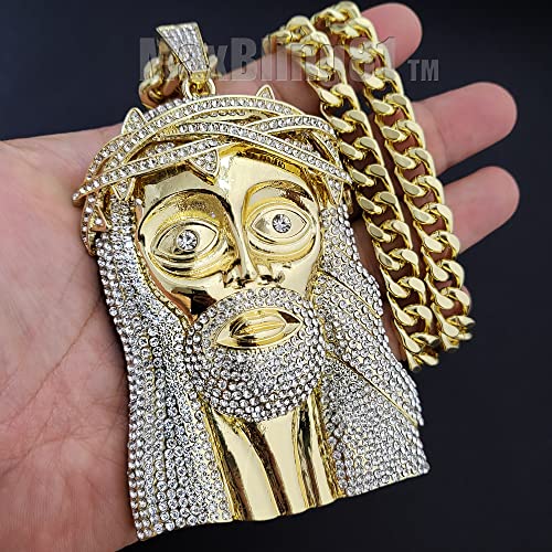 Iced Gold Plated Simulated Diamond Jumbo Size Jesus Head Pendant & 10mm 18" 20" 24" 30" Cuban Chain Hip Hop Rapper Style Jewelry Fashion Necklace Gift, halloween2
