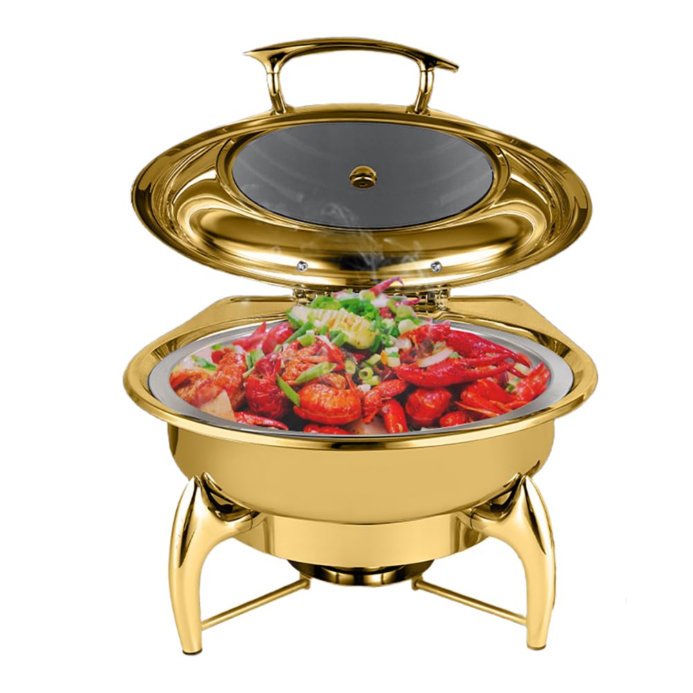 Estufa de Buffet Redonda de Acero Inoxidable, Bandeja de Calentamiento de Alimentos Visible abatible para Restaurante de Hotel de 6 litros, Adecuada para Banquetes, Bodas y Fiestas,Oro